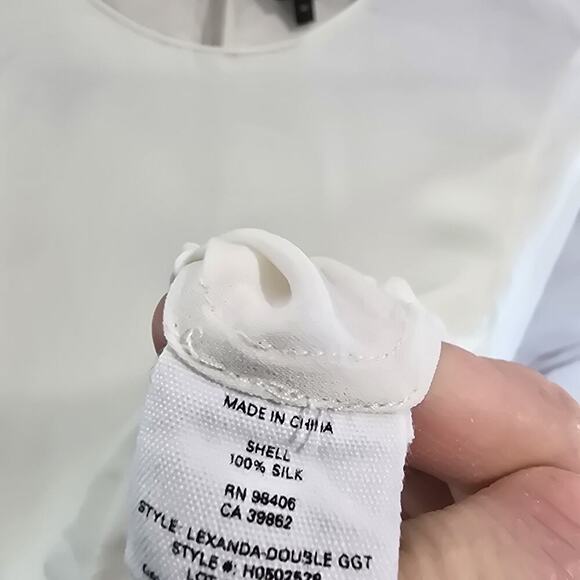 Theory Shirt Womens Medium White Silk Blouse Bell Flare Keyhole Ruffle Peplum - Picture 11 of 13